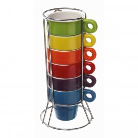 Universal Stackable Set of 6 Espresso Coffee Ceramic Mugs & Stand